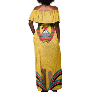 Mozambique Off Shoulder Maxi Dress Yellow Red Green Swirl Independence Day - African Pride