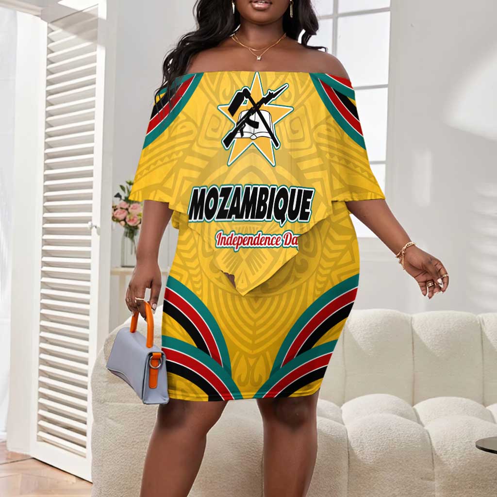 Mozambique Off Shoulder Short Dress Yellow Red Green Swirl Independence Day - African Pride