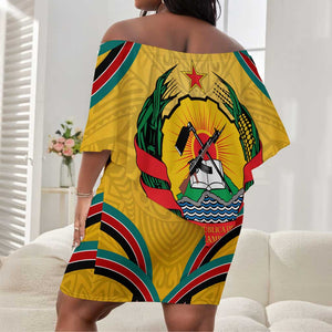 Mozambique Off Shoulder Short Dress Yellow Red Green Swirl Independence Day - African Pride