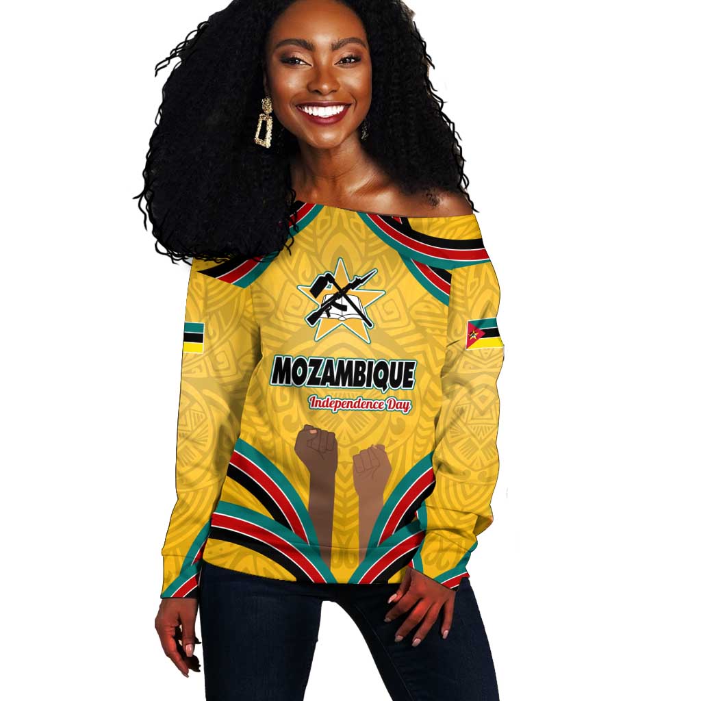 Mozambique Off Shoulder Sweater Yellow Red Green Swirl Independence Day - African Pride