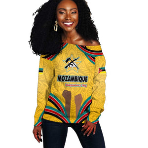 Mozambique Off Shoulder Sweater Yellow Red Green Swirl Independence Day - African Pride