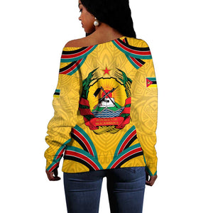 Mozambique Off Shoulder Sweater Yellow Red Green Swirl Independence Day - African Pride