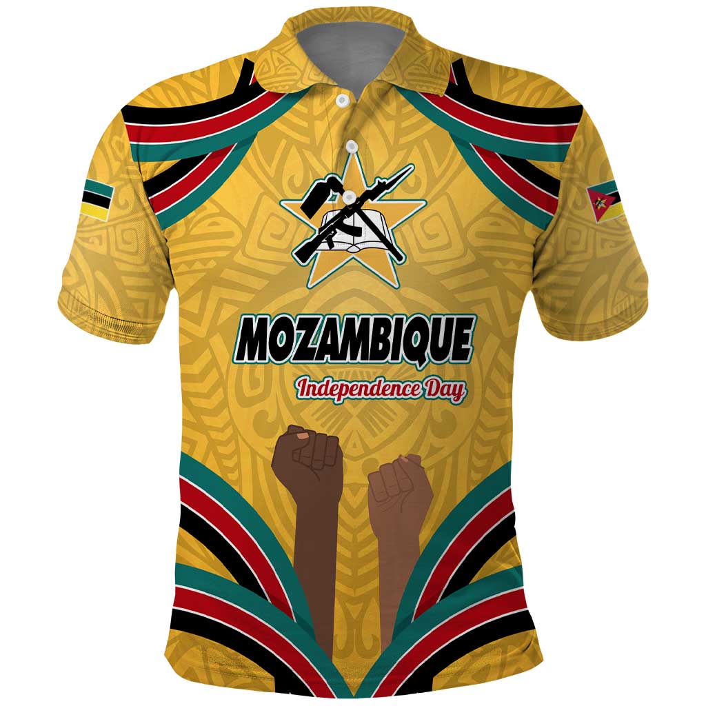 Mozambique Polo Shirt Yellow Red Green Swirl Independence Day - African Pride