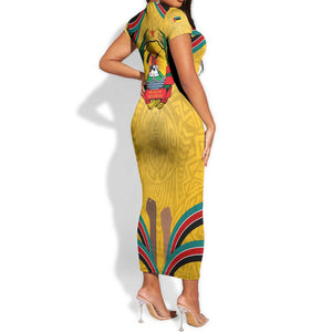 Mozambique Short Sleeve Bodycon Dress Yellow Red Green Swirl Independence Day - African Pride