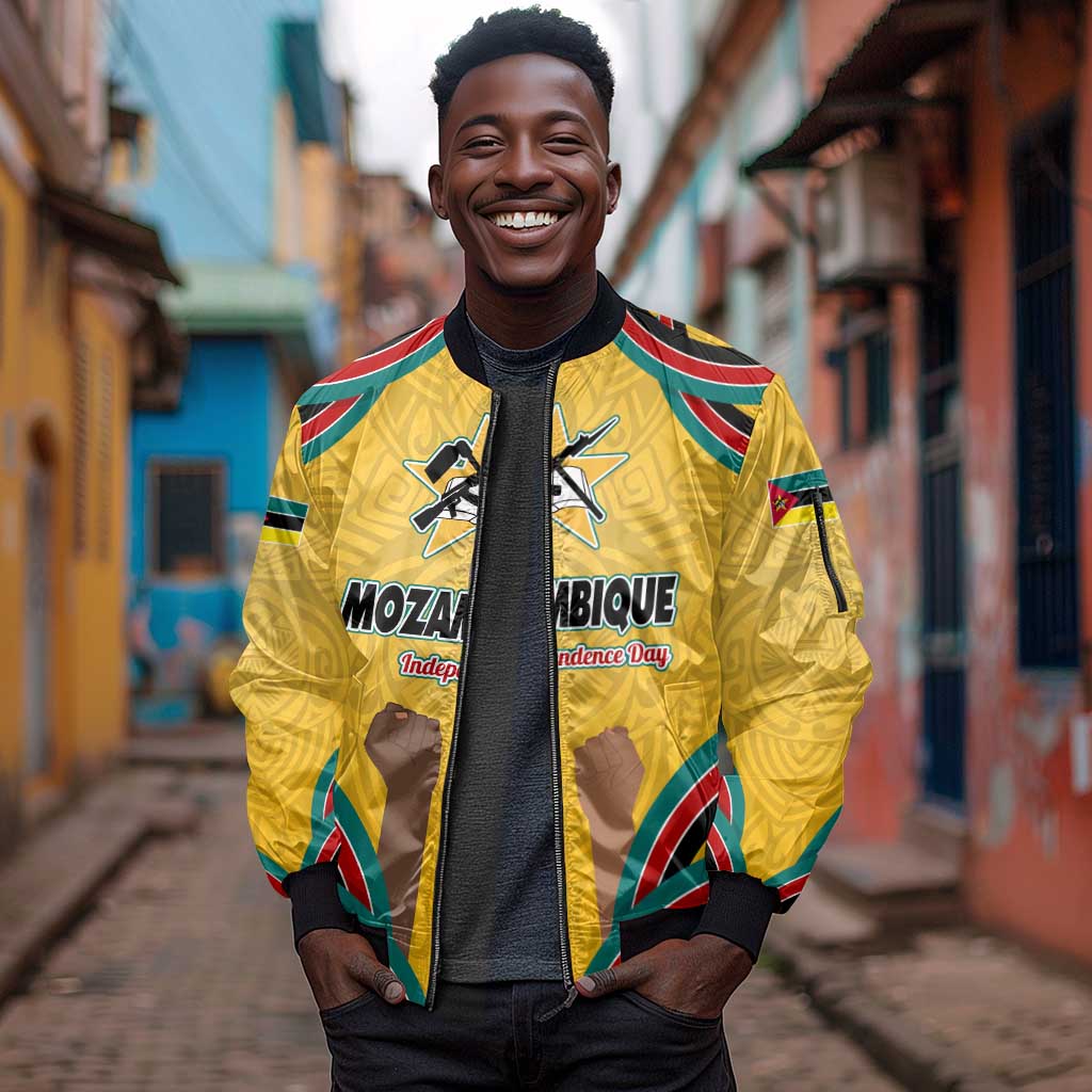 Mozambique Sleeve Zip Bomber Jacket Yellow Red Green Swirl Independence Day - African Pride