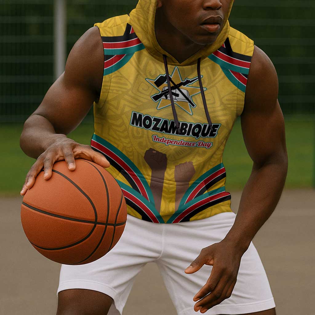 Mozambique Sleeveless Hoodie Yellow Red Green Swirl Independence Day - African Pride