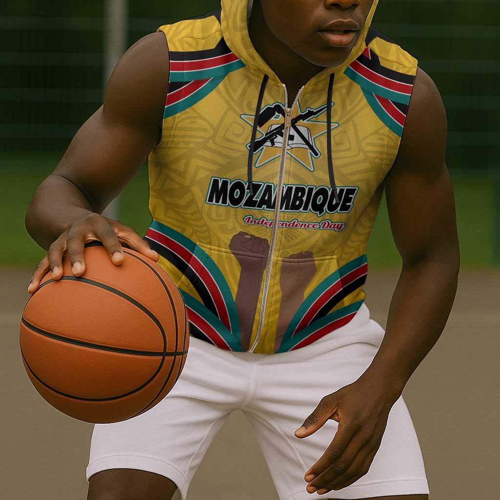Mozambique Sleeveless Zip Hoodie Yellow Red Green Swirl Independence Day - African Pride