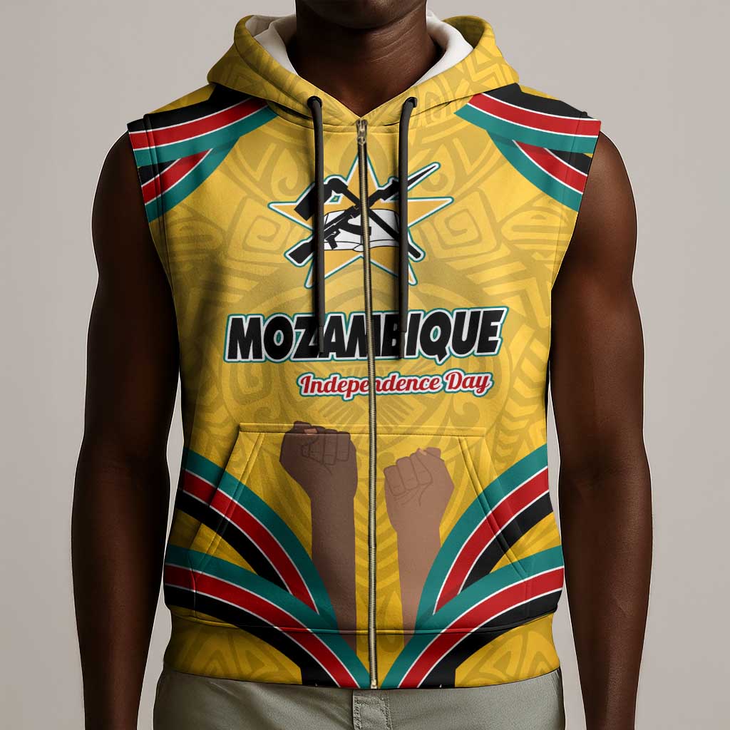Mozambique Sleeveless Zip Hoodie Yellow Red Green Swirl Independence Day - African Pride
