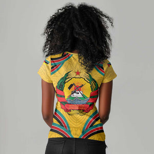 Mozambique Women V-Neck T-Shirt Yellow Red Green Swirl Independence Day - African Pride