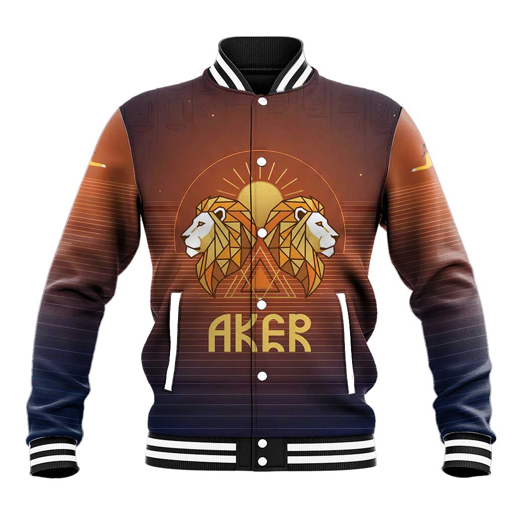 Aker Baseball Jacket Ancient Egyptian Sunset Gradient, Twin Lion Guardians, and Solar Disc - African Pride