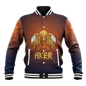 Aker Baseball Jacket Ancient Egyptian Sunset Gradient, Twin Lion Guardians, and Solar Disc - African Pride