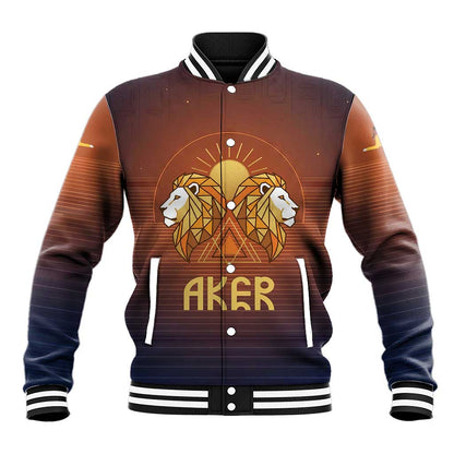 Aker Baseball Jacket Ancient Egyptian Sunset Gradient, Twin Lion Guardians, and Solar Disc - African Pride