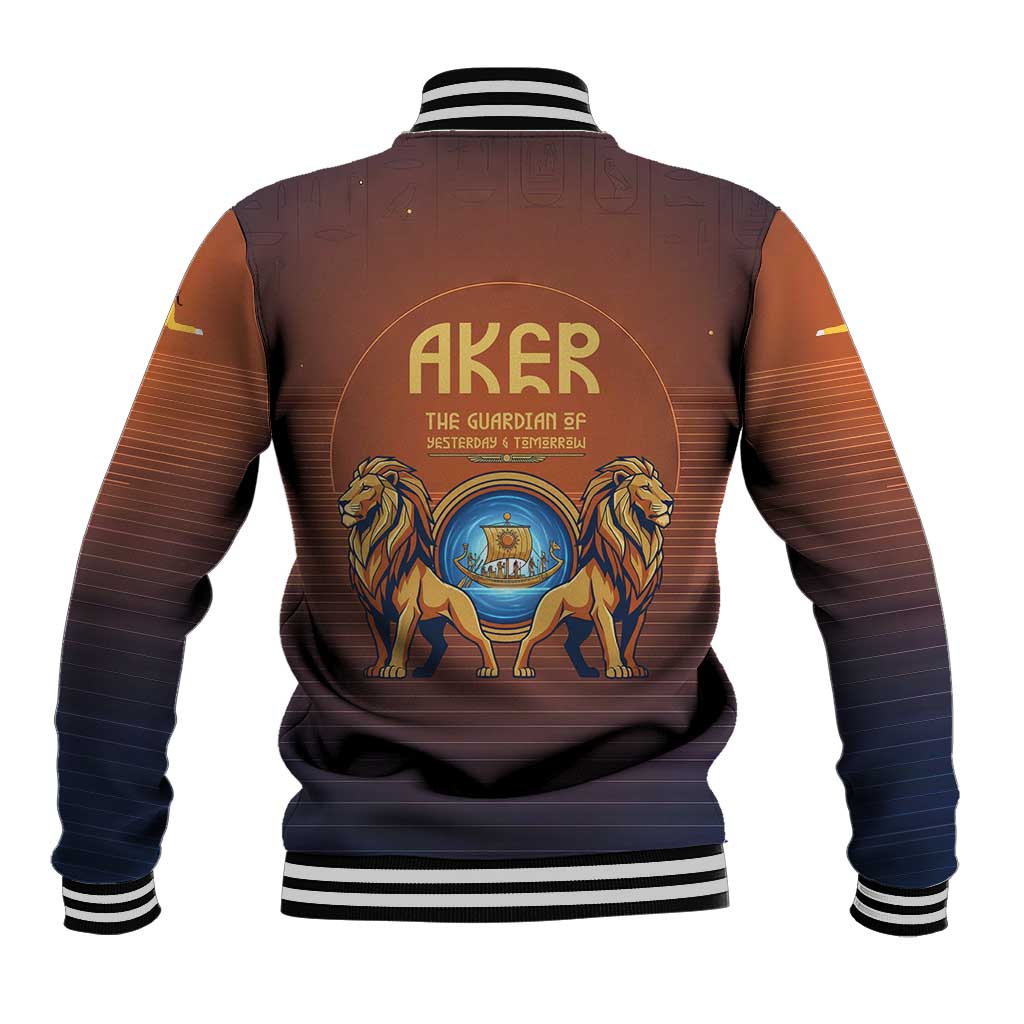 Aker Baseball Jacket Ancient Egyptian Sunset Gradient, Twin Lion Guardians, and Solar Disc - African Pride