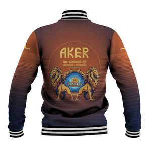 Aker Baseball Jacket Ancient Egyptian Sunset Gradient, Twin Lion Guardians, and Solar Disc - African Pride
