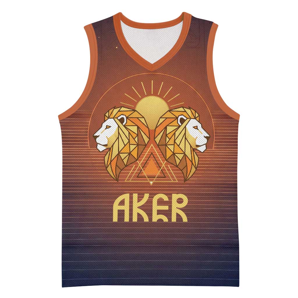 Aker Basketball Jersey Ancient Egyptian Sunset Gradient, Twin Lion Guardians, and Solar Disc - African Pride