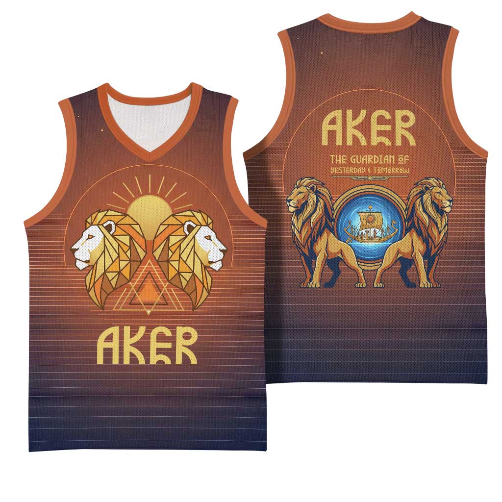 Aker Basketball Jersey Ancient Egyptian Sunset Gradient, Twin Lion Guardians, and Solar Disc - African Pride