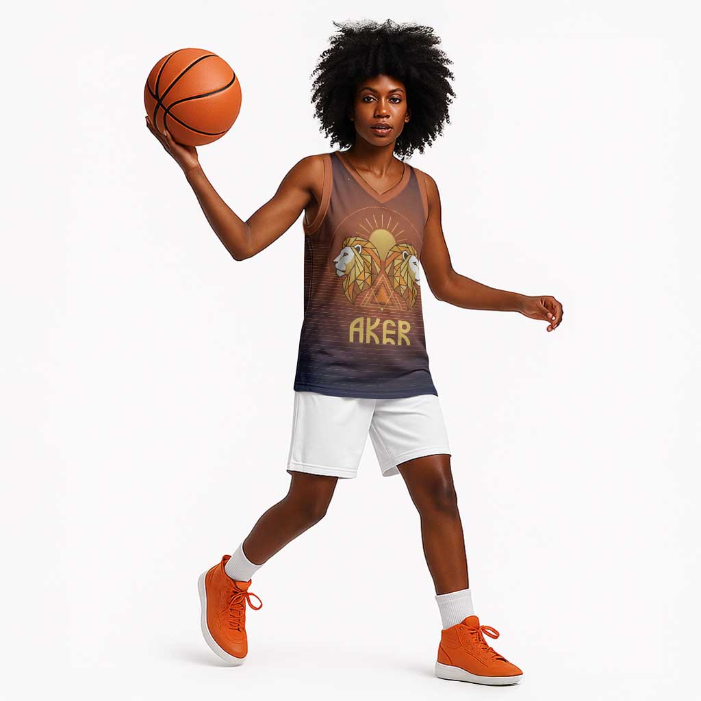 Aker Basketball Jersey Ancient Egyptian Sunset Gradient, Twin Lion Guardians, and Solar Disc - African Pride