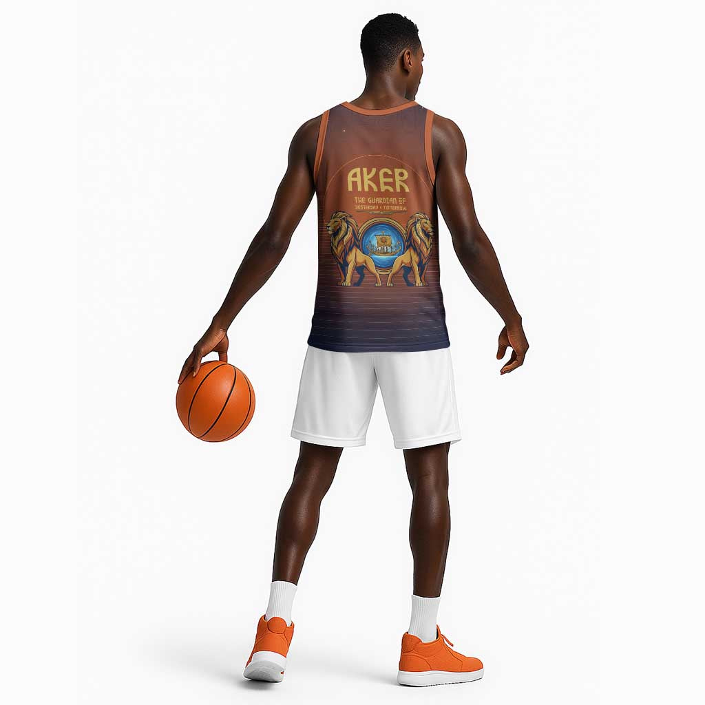 Aker Basketball Jersey Ancient Egyptian Sunset Gradient, Twin Lion Guardians, and Solar Disc - African Pride