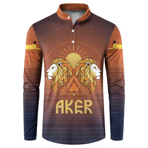 Aker Button Sweatshirt Ancient Egyptian Sunset Gradient, Twin Lion Guardians, and Solar Disc