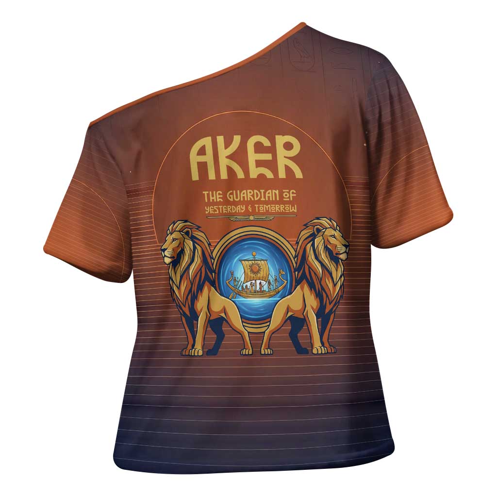 Aker Cross Shoulder Shirt Ancient Egyptian Sunset Gradient, Twin Lion Guardians, and Solar Disc - African Pride