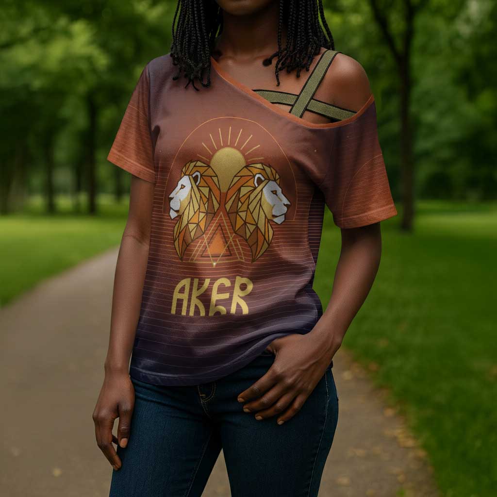 Aker Cross Shoulder Shirt Ancient Egyptian Sunset Gradient, Twin Lion Guardians, and Solar Disc - African Pride