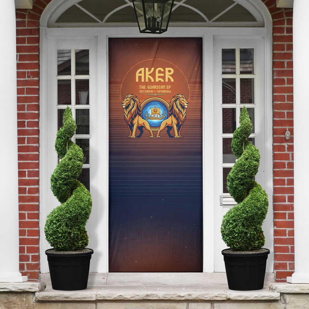 Aker Door Cover Ancient Egyptian Sunset Gradient, Twin Lion Guardians, and Solar Disc - African Pride