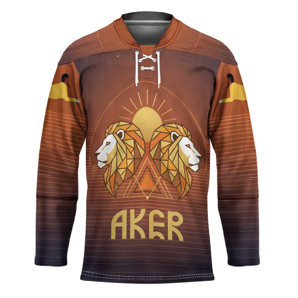 Aker Hockey Jersey Ancient Egyptian Sunset Gradient, Twin Lion Guardians, and Solar Disc - African Pride