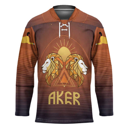 Aker Hockey Jersey Ancient Egyptian Sunset Gradient, Twin Lion Guardians, and Solar Disc - African Pride