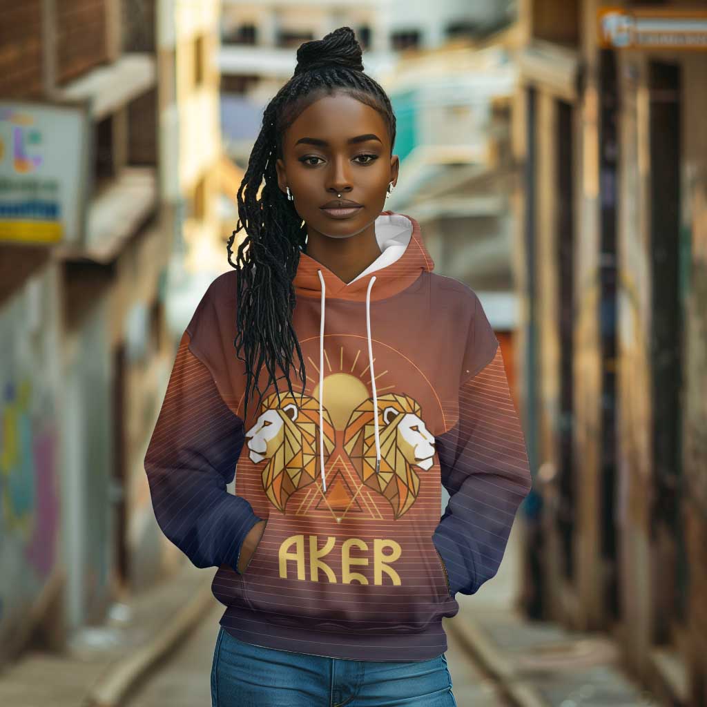 Aker Hoodie Ancient Egyptian Sunset Gradient, Twin Lion Guardians, and Solar Disc - African Pride
