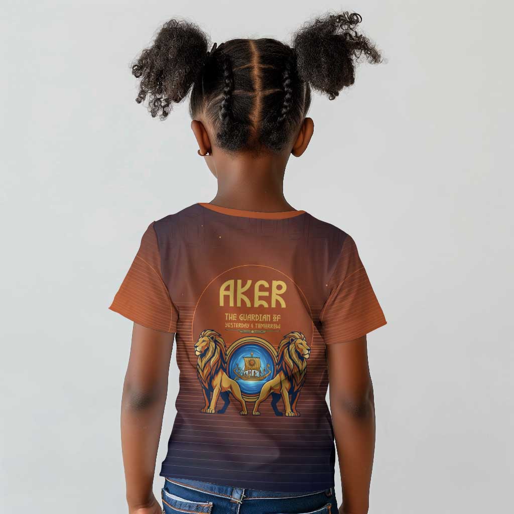 Aker Kid T shirt Ancient Egyptian Sunset Gradient, Twin Lion Guardians, and Solar Disc - African Pride