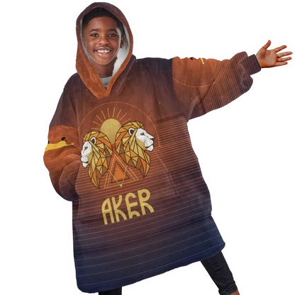 Aker Kid Wearable Blanket Hoodie Ancient Egyptian Sunset Gradient, Twin Lion Guardians, and Solar Disc - African Pride