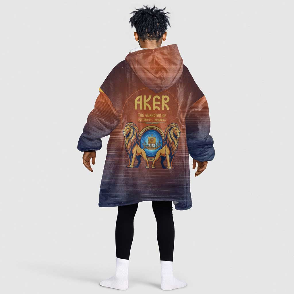 Aker Kid Wearable Blanket Hoodie Ancient Egyptian Sunset Gradient, Twin Lion Guardians, and Solar Disc - African Pride