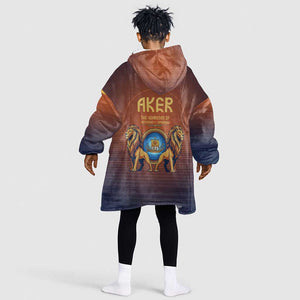 Aker Kid Wearable Blanket Hoodie Ancient Egyptian Sunset Gradient, Twin Lion Guardians, and Solar Disc - African Pride