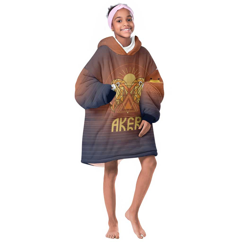 Aker Kid Wearable Blanket Hoodie Ancient Egyptian Sunset Gradient, Twin Lion Guardians, and Solar Disc - African Pride