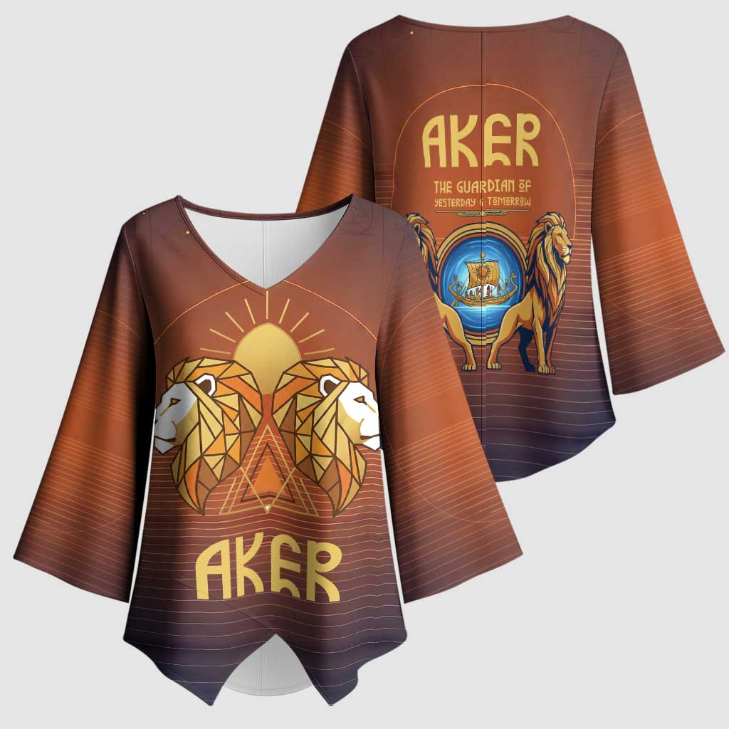 Aker Kimono Sleeve Blouse Ancient Egyptian Sunset Gradient, Twin Lion Guardians, and Solar Disc - African Pride