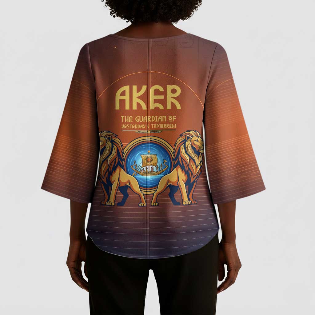 Aker Kimono Sleeve Blouse Ancient Egyptian Sunset Gradient, Twin Lion Guardians, and Solar Disc - African Pride
