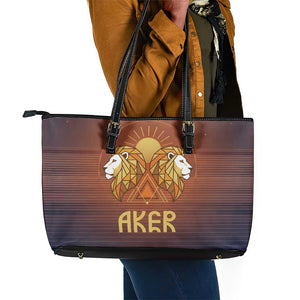 Aker Leather Tote Bag Ancient Egyptian Sunset Gradient, Twin Lion Guardians, and Solar Disc - African Pride