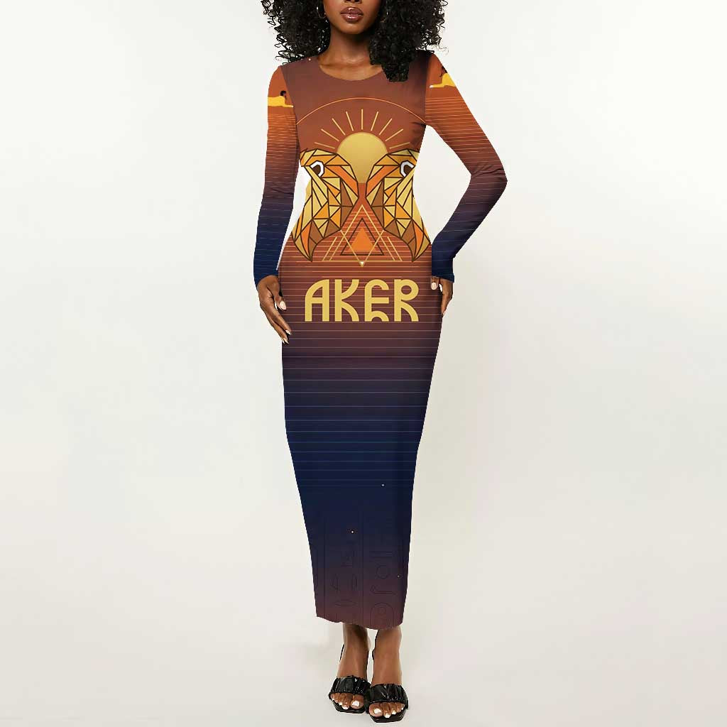 Aker Long Sleeve Bodycon Dress Ancient Egyptian Sunset Gradient, Twin Lion Guardians, and Solar Disc - African Pride