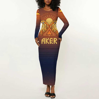 Aker Long Sleeve Bodycon Dress Ancient Egyptian Sunset Gradient, Twin Lion Guardians, and Solar Disc - African Pride