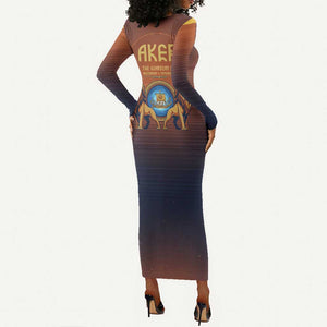 Aker Long Sleeve Bodycon Dress Ancient Egyptian Sunset Gradient, Twin Lion Guardians, and Solar Disc - African Pride