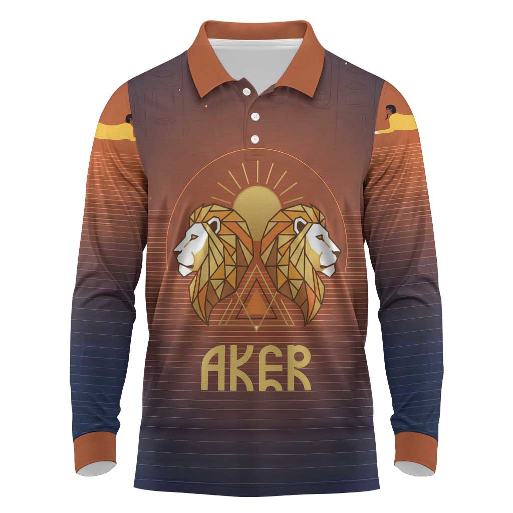 Aker Long Sleeve Polo Shirt Ancient Egyptian Sunset Gradient, Twin Lion Guardians, and Solar Disc - African Pride