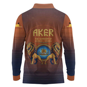Aker Long Sleeve Polo Shirt Ancient Egyptian Sunset Gradient, Twin Lion Guardians, and Solar Disc - African Pride