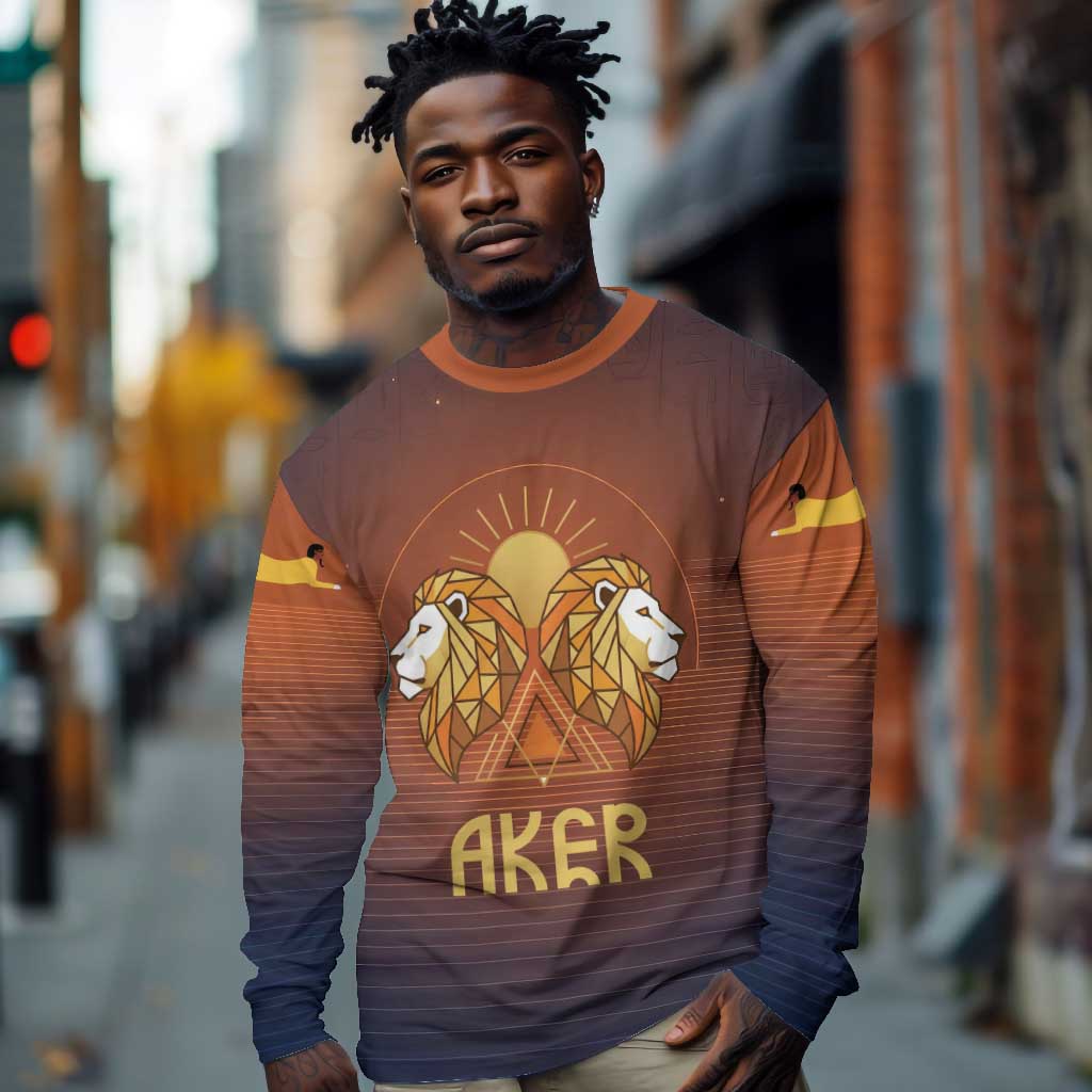 Aker Long Sleeve Shirt Ancient Egyptian Sunset Gradient, Twin Lion Guardians, and Solar Disc - African Pride