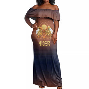 Aker Off Shoulder Maxi Dress Ancient Egyptian Sunset Gradient, Twin Lion Guardians, and Solar Disc - African Pride