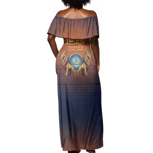 Aker Off Shoulder Maxi Dress Ancient Egyptian Sunset Gradient, Twin Lion Guardians, and Solar Disc - African Pride