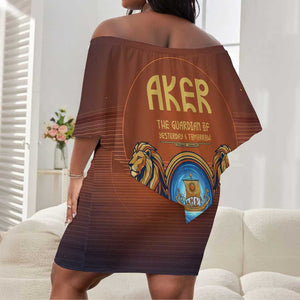 Aker Off Shoulder Short Dress Ancient Egyptian Sunset Gradient, Twin Lion Guardians, and Solar Disc - African Pride