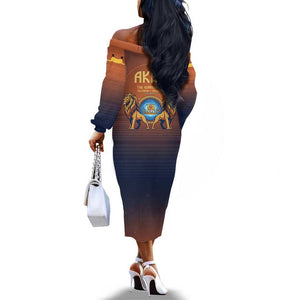 Aker Off The Shoulder Long Sleeve Dress Ancient Egyptian Sunset Gradient, Twin Lion Guardians, and Solar Disc - African Pride