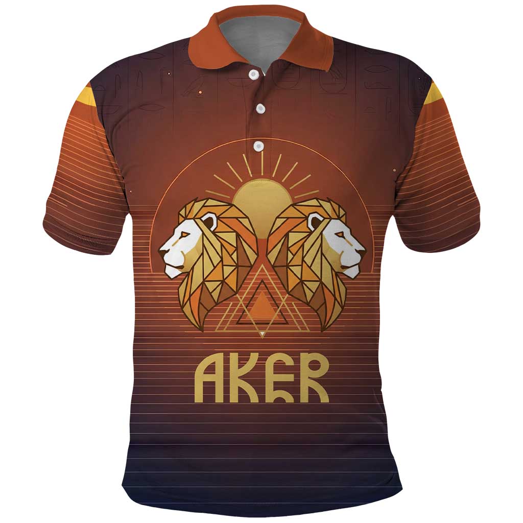 Aker Polo Shirt Ancient Egyptian Sunset Gradient, Twin Lion Guardians, and Solar Disc - African Pride