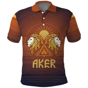 Aker Polo Shirt Ancient Egyptian Sunset Gradient, Twin Lion Guardians, and Solar Disc - African Pride