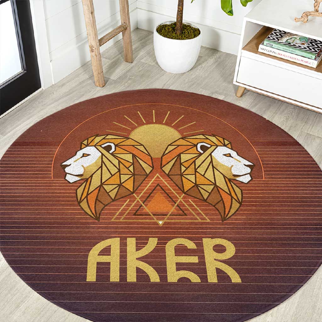 Aker Round Carpet Ancient Egyptian Sunset Gradient, Twin Lion Guardians, and Solar Disc - African Pride